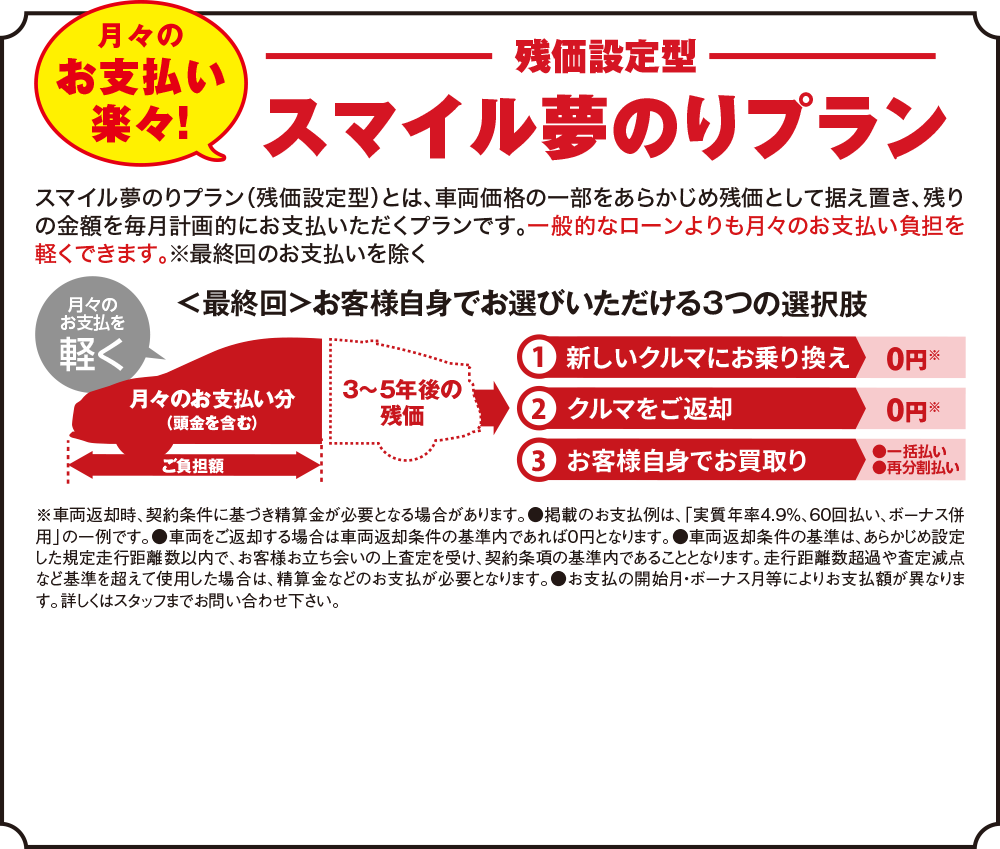月々お支払い楽々！残価設定型スマイル夢のりプラン