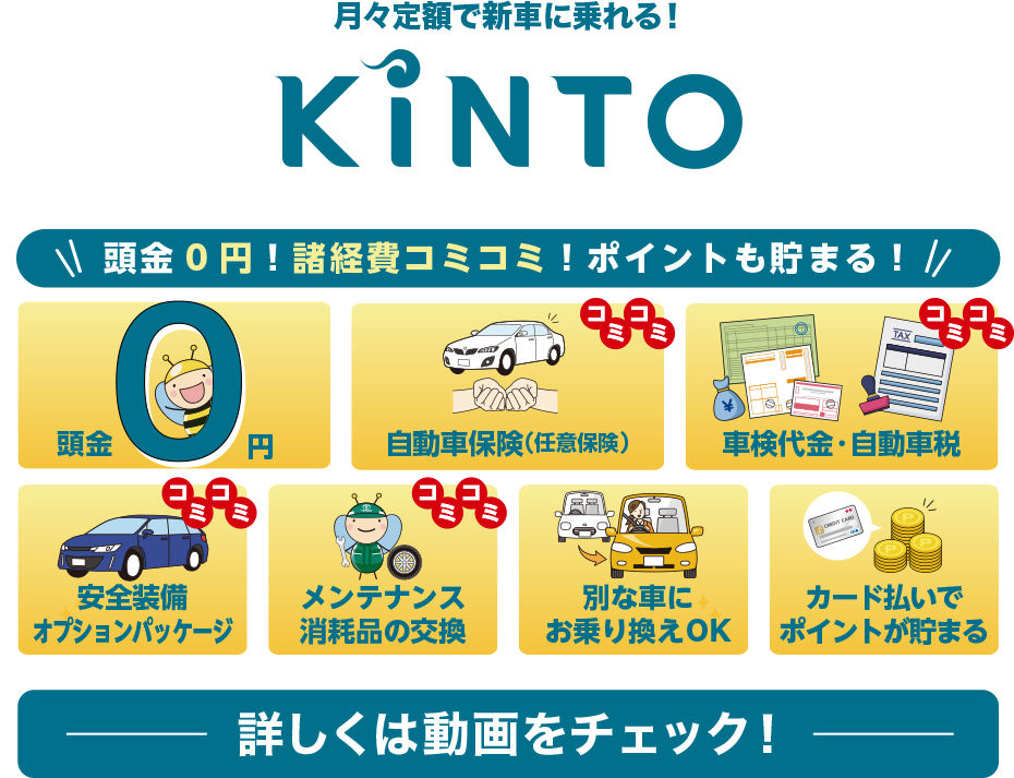 月々定額で新車に乗れる！KINTO 頭金0円！諸経費コミコミ！ポイントも貯まる！