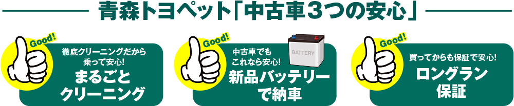 青森トヨペット「中古車3つの安心」徹底クリーニングだから乗って安心！まるごとクリーニング、中古車でもこれなら安心！新品バッテリーで納車、戻ってからも保証で安心！ロングラン保証