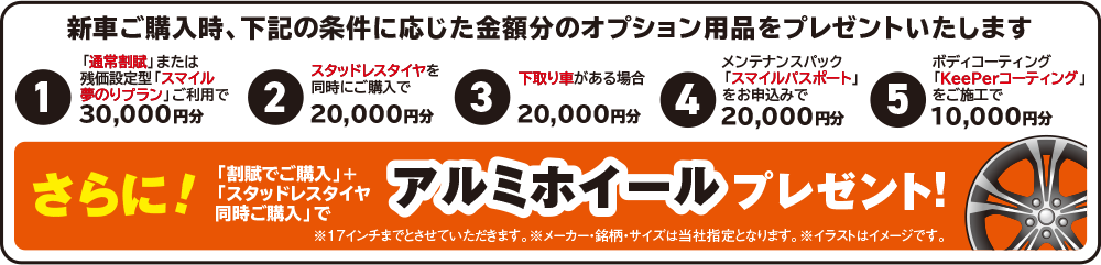 下記条件達成ぶんの、オプション用品を新車ご購入時にプレゼント！