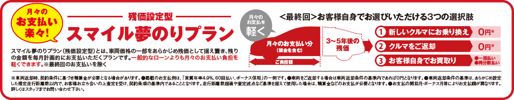 月々のお支払い楽々！残価設定型スマイル夢のりプラン