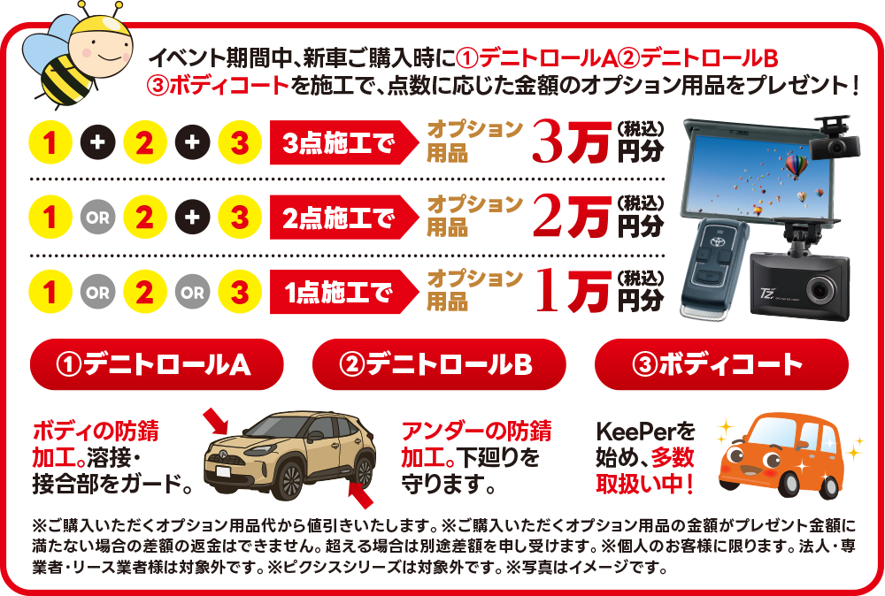 イベント期間中、新車ご購入時に①デニトロールA②デニトロールB③ボディコートをご契約のお客様に、オプション用品プレゼント！