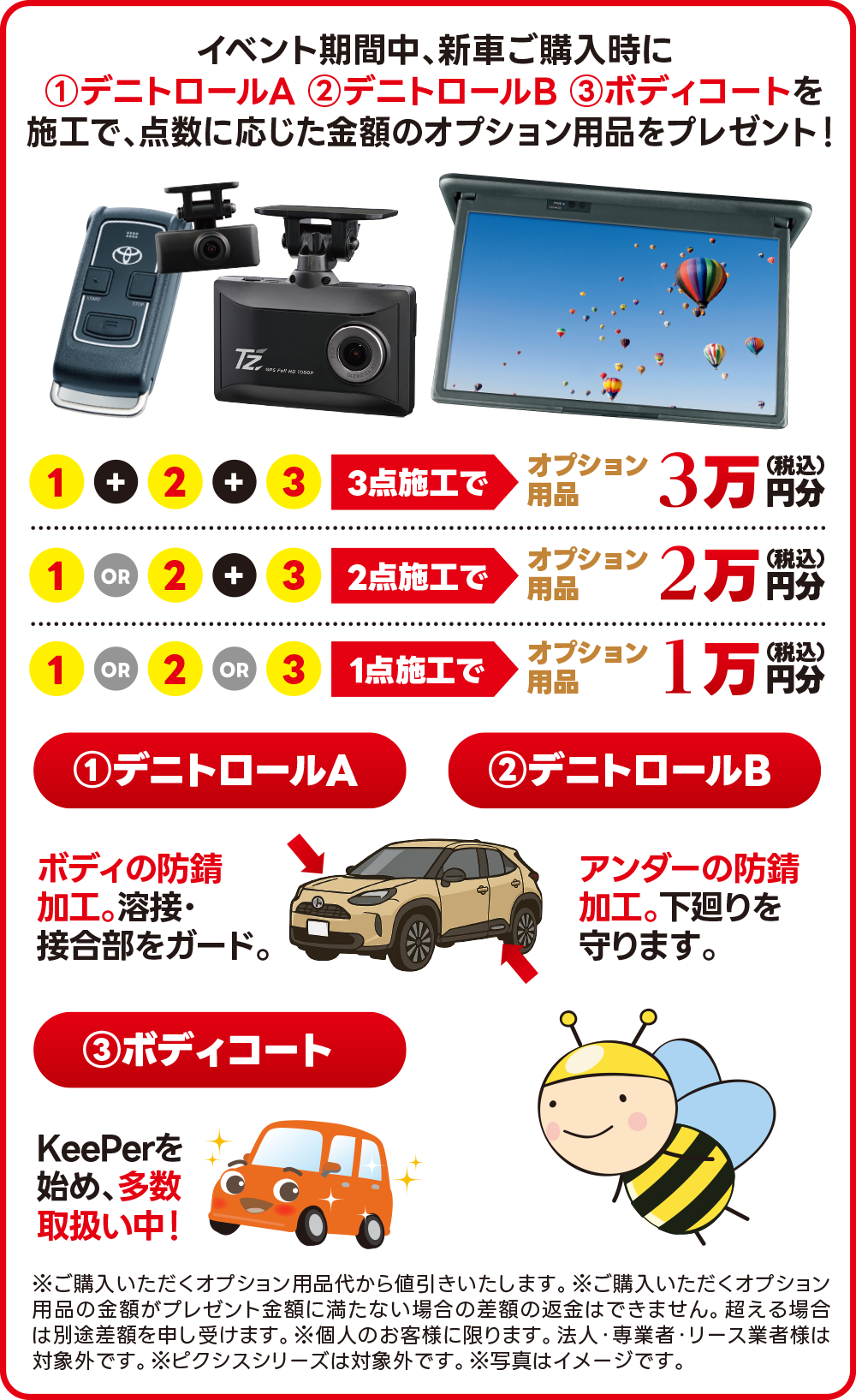 イベント期間中、新車ご購入時に①デニトロールA②デニトロールB③ボディコートをご契約のお客様に、オプション用品プレゼント！