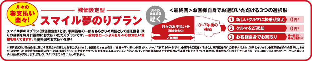 月々のお支払い楽々！残価設定型スマイル夢のりプラン