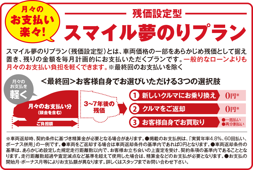 月々のお支払い楽々！残価設定型スマイル夢のりプラン