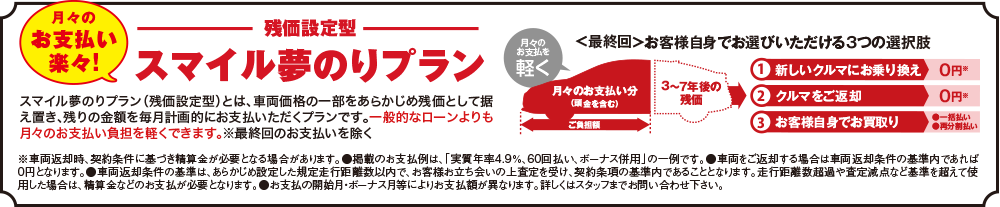 月々のお支払い楽々！残価設定型スマイル夢のりプラン