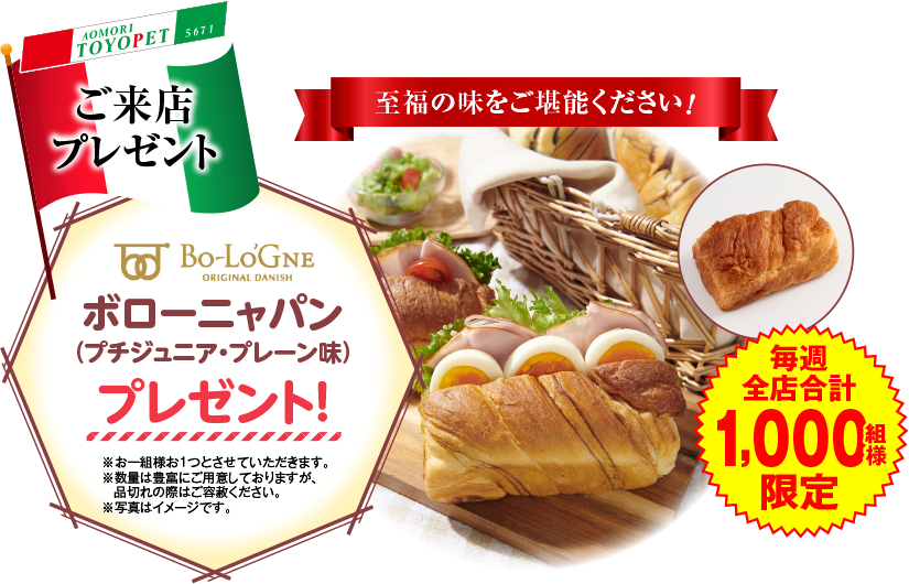 ご来店プレゼント：ボローニャパン（プチジュニア・プレーン味）プレゼント！毎週全店合計1,000組限定