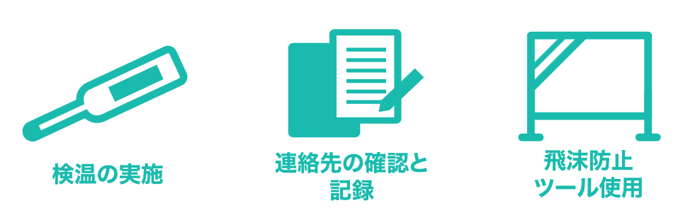 検温の実施、連絡先の確認と記録、飛沫防止ツール使用