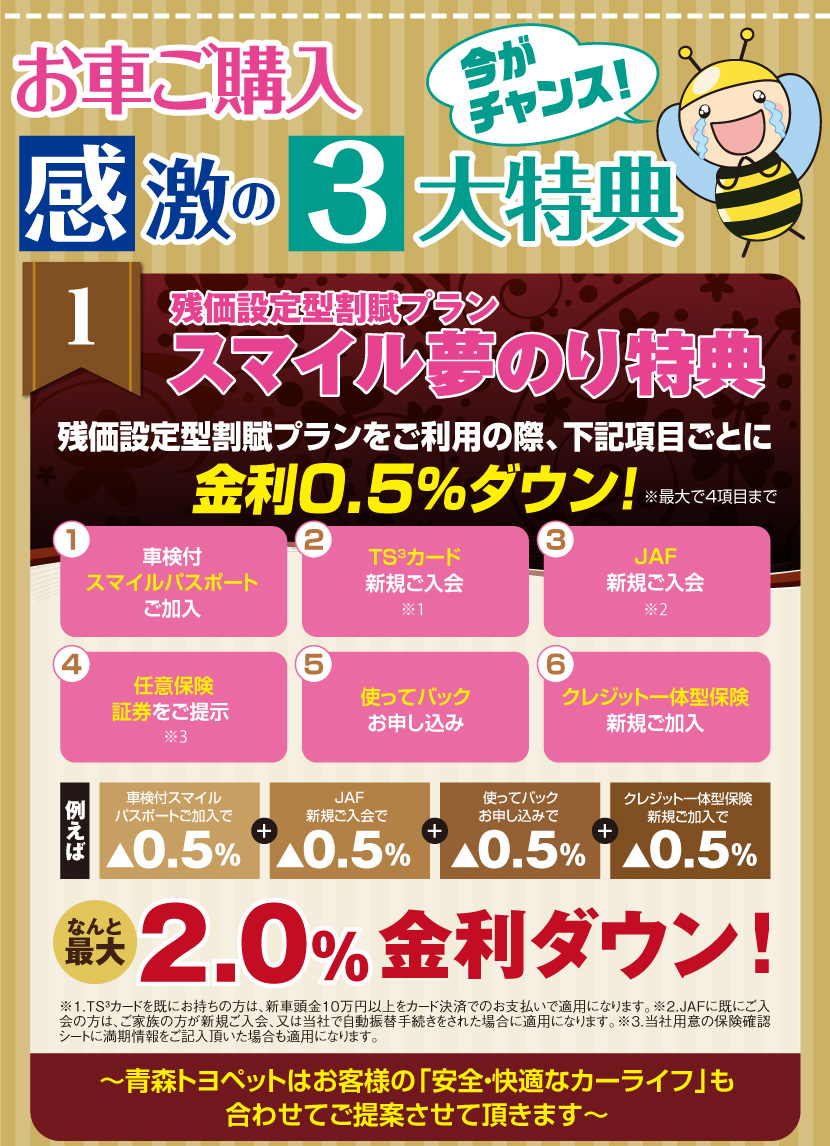 今がチャンス！お車ご購入3大特典、1：残価設定型割賦プラン、スマイル夢のり特典