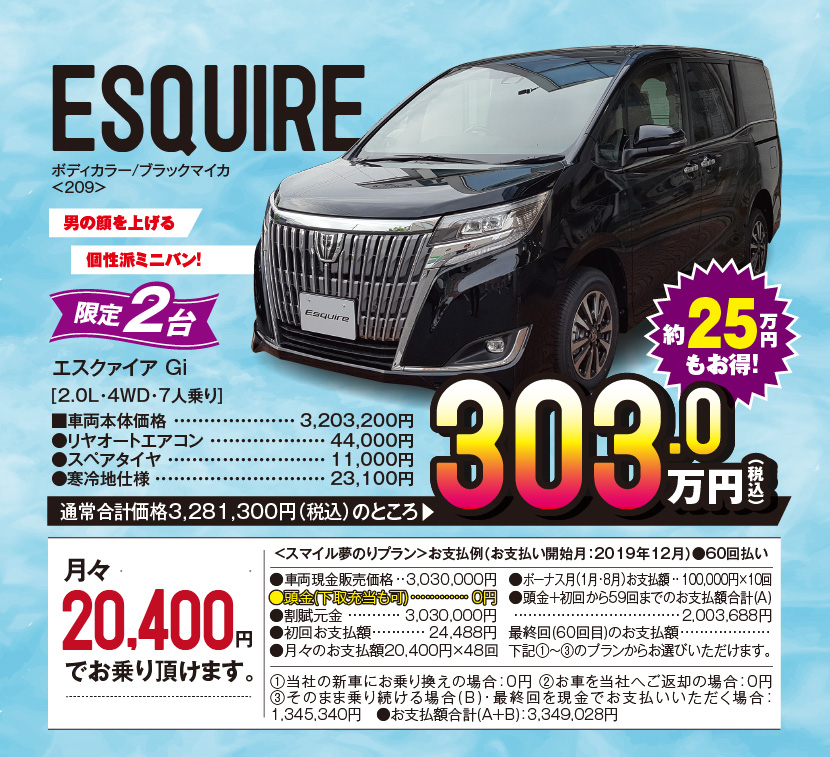 ESQUIRE、ボディカラー/ブラックマイカ＜209＞、男の顔を上げる個性派ミニバン！限定2台、エスクァイア Gi[2.0L・4WD・7人乗り]　■車両本体価格：3,203,200円　●リヤオートエアコン：44,000円　●スペアタイヤ：11,000円　●寒冷地仕様：23,100円、通常合計価格3,281,300円（税込）のところ303.0万円（税込）約25万円もお得！