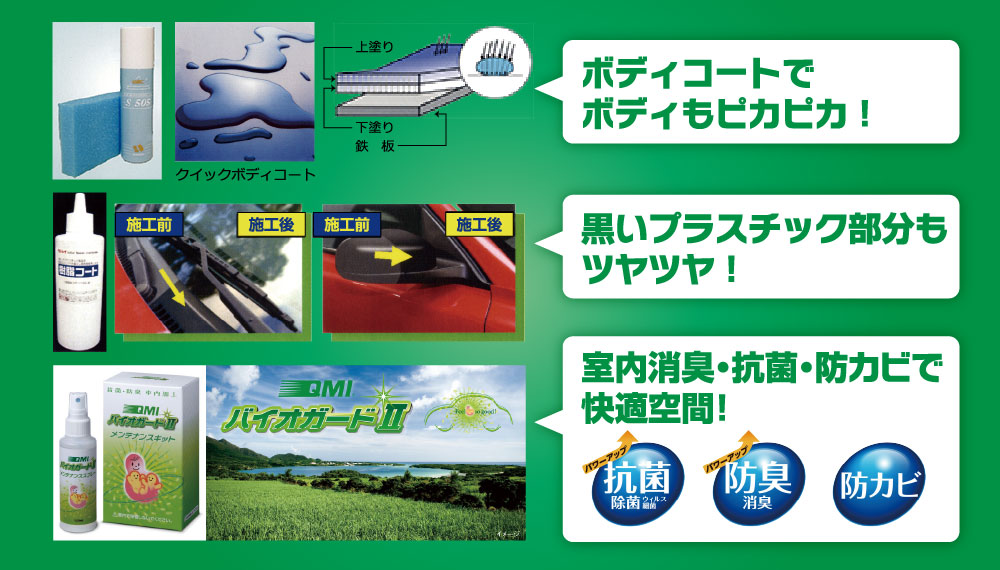 ボディコートでボディもピカピカ！黒いプラスチック部分もツヤツヤ！室内消臭・抗菌・防カビで快適空間！